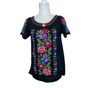 Durga Black Boho Peasant Blouse Small Embroidered Needlework Roses Tassels Shirt